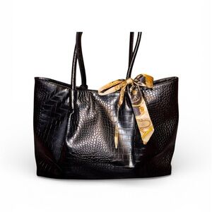Lulu Dharma Woven Black Tote with Gold Scarf Accent